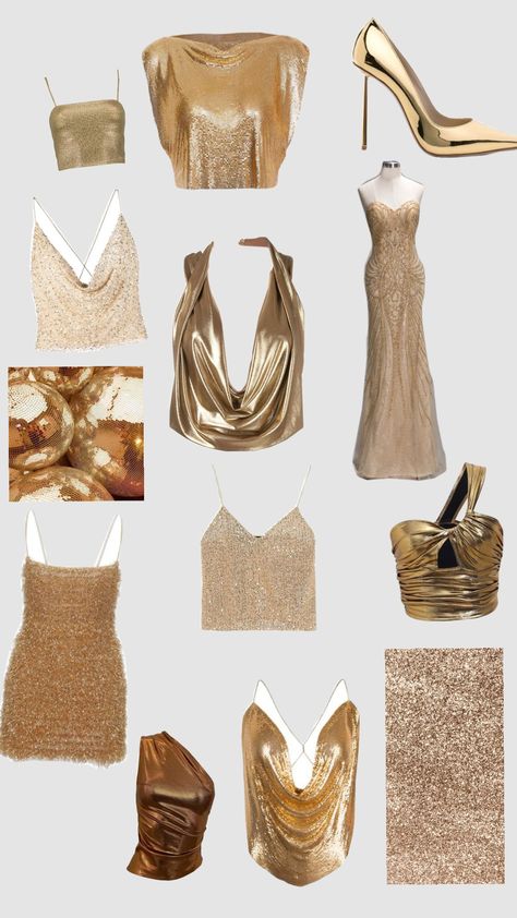 #gold #doré Champagne Birthday Outfit, Golden Theme Party Outfit, Gold Themed Birthday Party Outfit, Gold Glam Aesthetic, Gold Aesthetic Outfit, Gold Outfit Aesthetic, Gold Outfit Ideas, Golden Costume, Outfit Soiree