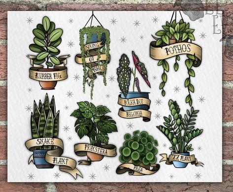 Traditional Houseplant Tattoo, Plant Tattoo Sleeve Botanical Prints, Watercolor Plant Tattoo, House Plant Tattoo Sleeve, Indoor Plant Tattoo, Plant Tattoo Traditional, Houseplant Tattoos, Neotraditional Tattoo Flash Sheet, Simple Plant Tattoo