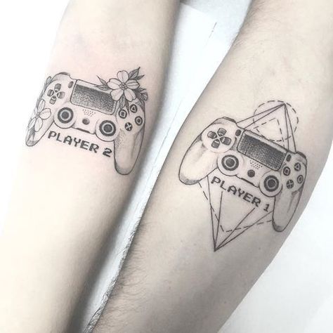 Playstation Tattoo, Partner Tattoos, Gamer Tattoos, Cute Couple Tattoos, Couple Tattoos Unique, Couples Tattoo Designs, Sibling Tattoos, Bff Tattoos, Matching Couple Tattoos