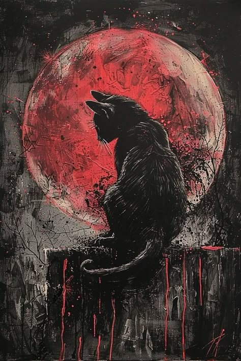 Spooky Black Cat Under the Blood Moon Wall Art Print Fantasy Dark Art Painting Perfect Victorian Art Home Wall Decor 3 - Etsy Turkey Black Cat Moon Art, Scary Black Cat Art, Spooky Cat Art, Dark Artist Aesthetic, Dark Art Painting, Drawing Black Cat, Halloween Cat Art, Cat Creepy, Spooky Paintings