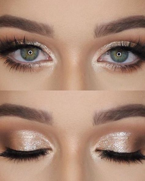 Bridal Makeup Glitter Eyes, Makeup Looks For Gray Dress, Champagne Makeup Look Blue Eyes, Champagne Eye Makeup Wedding, Champagne Prom Makeup, Shimmery Bridal Makeup, Gray Dress Makeup Look, Sparkly Bridal Makeup, Bridal Makeup For Pale Skin