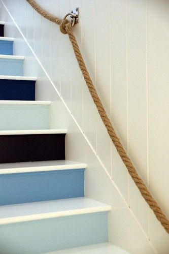 Can't pin the picture I really want. Stairs painted consecutive colors from color strip,say 3 risers per color, dark up to light. Perfect going up to Playroom. Nautical Rope Decor, Basement Steps, Coastal Paint, Deco Marine, Diy Staircase, Rope Decor, Dream Beach Houses, Stair Case, Painted Stairs