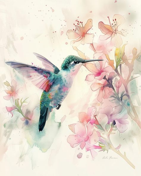 Hummingbird #birdart #hummingbird #watercolor #digitalart Paintings Of Hummingbirds, Hummingbird Watercolor, Vintage Hummingbird, Anna's Hummingbird, Watercolor Hummingbird, Butterfly Art Painting, Hummingbird Art, Watercolor Poster, Hummingbird Tattoo