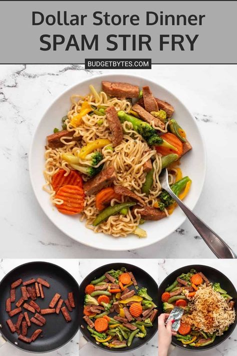 Spam And Noodles, Spam Stir Fry Recipes, Spam Ramen Recipes, Dollar Store Dinner, Spam Stir Fry, Spam Ramen, Fried Spam, Spam Recipes, Affordable Meals