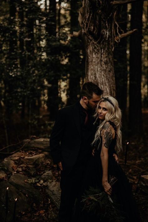 Black Wedding Dress With Groom, Wedding Photos Dark And Moody, Black Wedding Dress Pictures Couple, All Black Elopement, Pagan Engagement Photos, Halloween Elopement Ideas, Goth Prom Photos, Spooky Anniversary Photos, Creepy Engagement Photos