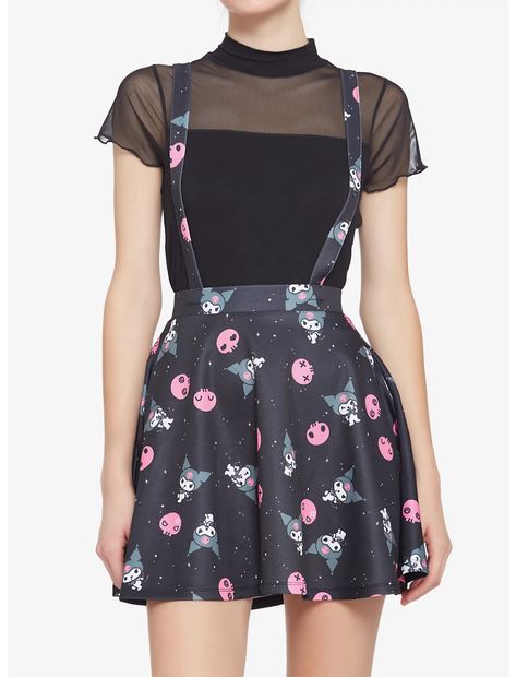 Kuromi Skull Suspender Skirt Kuromi Skull, Kawaii Skirt, Hot Topic Dresses, Black Suspenders, Pink Skull, Suspender Skirt, Kawaii Clothes, Skull Print, Pink Fashion