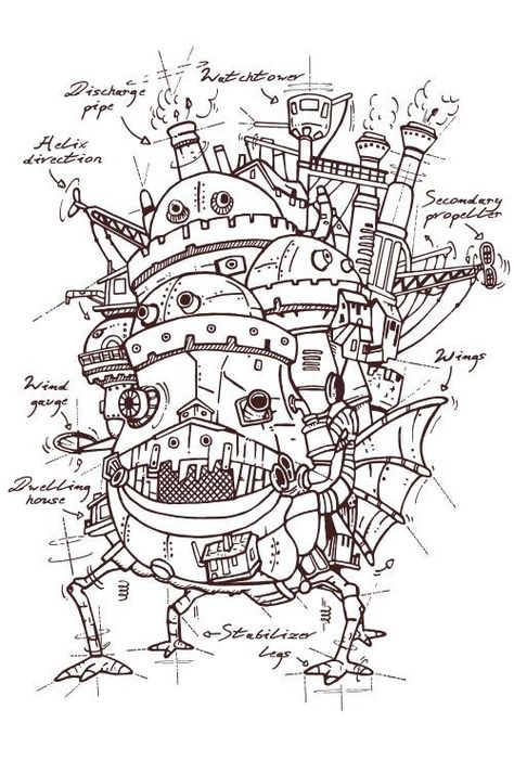 Ghibli Howls Moving Castle, Studio Ghibli Tattoo, Castle Plans, Castle Project, Castle Drawing, Ghibli Tattoo, Ghibli Artwork, Studio Ghibli Art, Ghibli Art