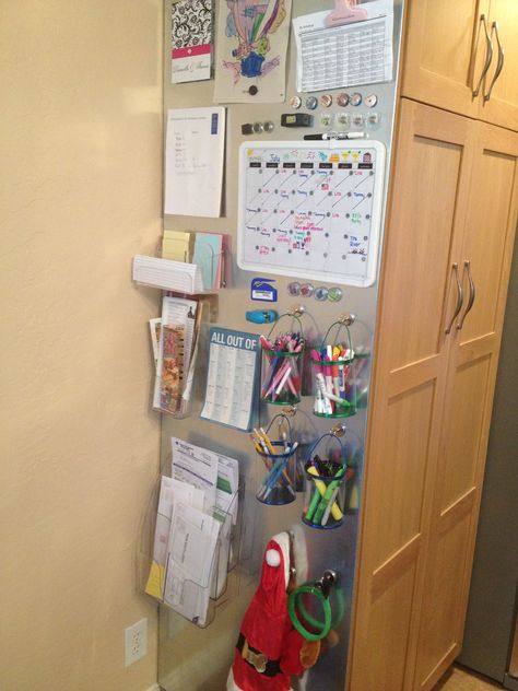 Project #4 Magnetic kitchen organization board Family Notice Board Ideas, Magnetic Storage Ideas, Fridge Magnet Organization, Kitchen Magnetic Board, Magnetic Fridge Organizer, Magnetic Organization, Side By Side Fridge Organization, Fridge Magnets Menu, Build Your Own Magnetic Custon Shelf