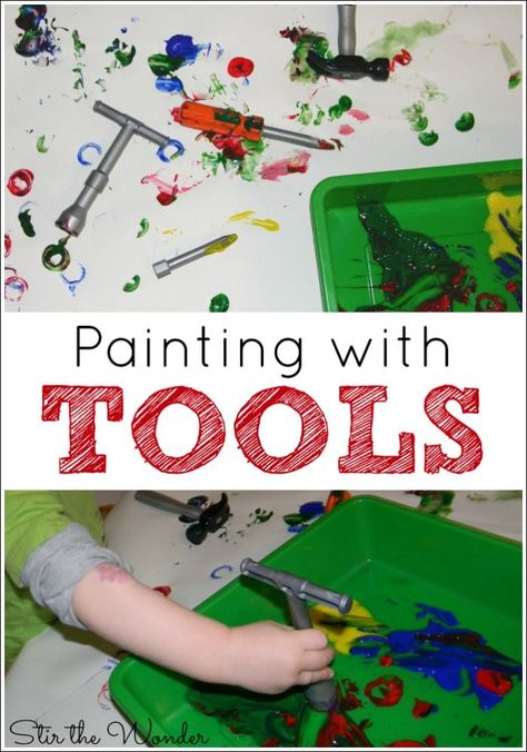 Painting with Tools is a fun process art activity for toddlers and preschoolers to explore colors and prints. Preschool Tools And Machines Theme, Construction Prek Activities, Building Theme Preschool, Tools And Machines Preschool Activities, Building Theme Preschool Activities, Tools And Machines Preschool Theme, Creative Curriculum Building Study, Community Helpers Crafts For Toddlers, Construction Activities Preschool