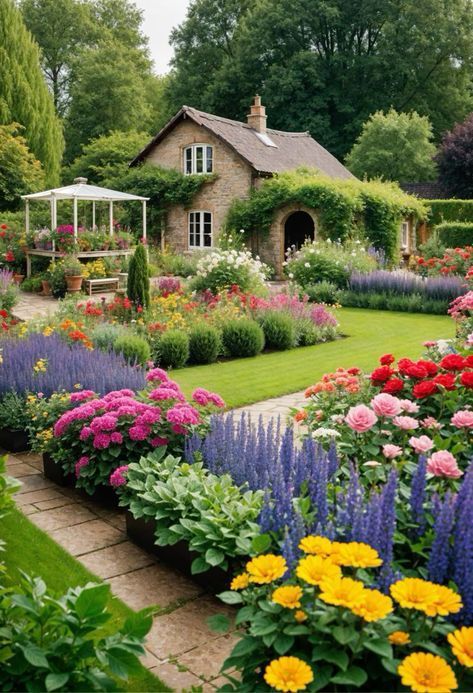 Designing A Flower Garden, Flowers House Exterior, Beautiful Yards Ideas, Flower Garden Ideas Backyard, Garden Inspo Ideas, Outdoor Flower Garden Ideas, Flower Garden Backyard, Backyard Cottage Garden, Backyard Flower Garden Ideas