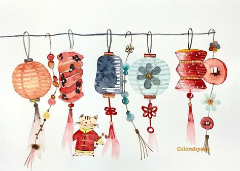 Chinese New Year Painting, Chinese New Year Watercolor, New Year Watercolor, Lantern Drawing, Lantern Art, Japanese Lantern, Festival Logo, Japanese Lanterns, Watercolor Projects