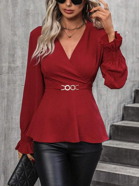 Blusas Peplum, Women Blouses, Peplum Blouse, Pullover Shirt, Flared Sleeves, Diy Fashion, Women Clothing, Woven Fabric, Top Shirt