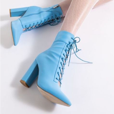 Azalea Wang Chunky Heel Bootie In Blue Is An Exclusive Pair Of Pointed Toe Ankle Booties Featuring A Nylon-Based Upper, Tonal D-Ring Eyelets, A Lace-Up Vamp, And Flared Block Heel. Pointed Toe - Block Heel - Lace Up Vamp 5.75” Shaft Height 4.75” Heel Height Pointed Toe Jean Detail Closet Includes: Pink Boots, Red Boots , Yellow Boots, Silver Boots, Gold Boots, Black Boots, Brown Boots, White Boots, Orange Boots, Tan Boots, Rhinestones Boots, Crystal Boots, Cowboy Boots, Platform Boots, Combat Bo Dolls Kill Boots, Crystal Boots, Orange Boots, Gold Boots, Boots Thigh High, Silver Boots, Yellow Boots, Boots Combat, Azalea Wang