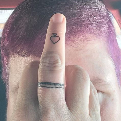 A black ring tat & spade for asexuality on the middle finger of the right hand. Spade Finger Tattoo, Asexual Tattoo, Asexual Tattoos, Asexual Ring, Spade Tattoo, Under My Skin, Black Ring, Finger Tattoos, Black Rings