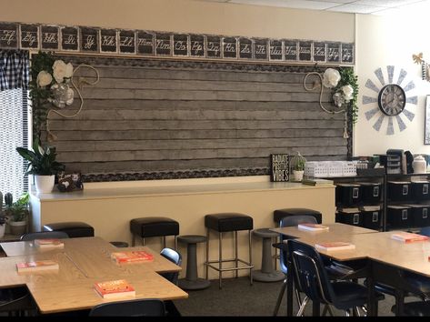 Wood Bulletin Board Ideas Classroom, Teacher Lounge Makeover On A Budget, Chalk And Burlap Classroom Decor, Dark Classroom Decor, Dark Classroom Aesthetic, Tutoring Room, Comfy Classroom, Eucalyptus Classroom, Burlap Classroom Decor