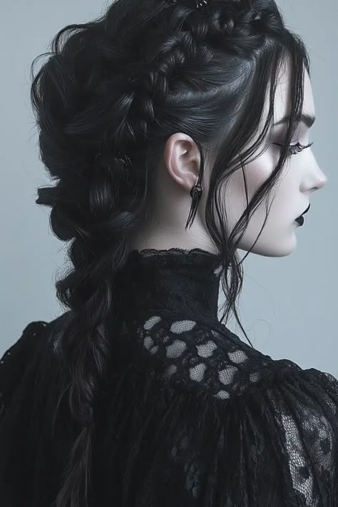 A woman with braided black hair and gothic makeup wearing a black lace dress. Gothic Victorian Hairstyles, Evil Hairstyles, Villain Hair, Gothic Wedding Hair, Witchy Hair, Goth Hairstyles, Witch Hair, Halloween Hairstyles, Goth Chic