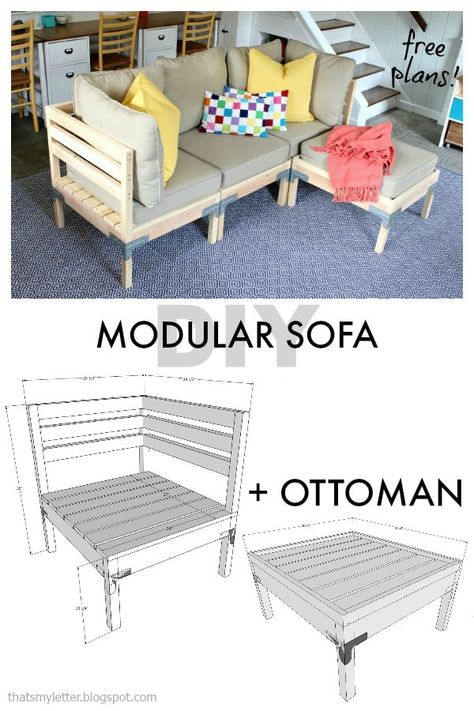 DIY modular sofa and ottoman free plans Diy Modular Sofa, Modular Ottoman, Sofa And Ottoman, Sofa Ottoman, Diy Sofa, Wood Working Gifts, Ottoman Sofa, Built In Bookcase, Free Plans