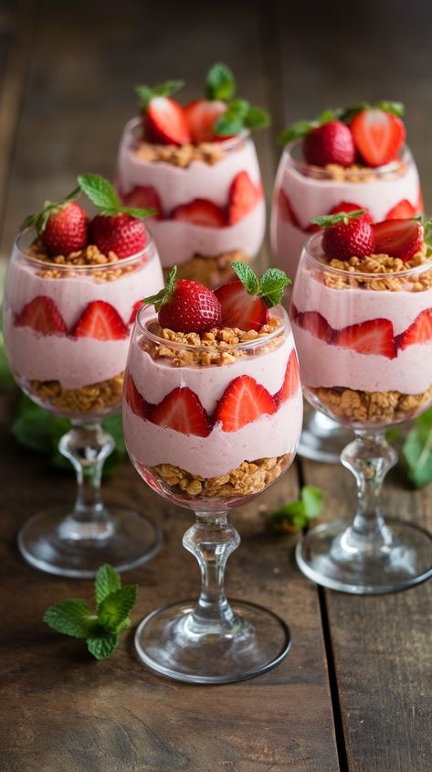 Looking for a light and airy dessert that will impress your guests? Strawberry Mousse Parfaits are the perfect choice! This delightful treat layers creamy strawberry mousse with crunchy granola, creating a symphony of textures and flavors in every bite. Not only are they visually stunning, but they also offer a refreshing sweetness that’s perfect for […] The post Delicious Strawberry Mousse Parfaits Recipe appeared first on The Kitchen Everything. Strawberry Yogurt Parfait, Strawberry Parfait, Parfait Desserts, Dessert Presentation, Strawberry Mousse, Parfait Recipes, Crunchy Granola, Delicious Appetizers, Strawberry Yogurt