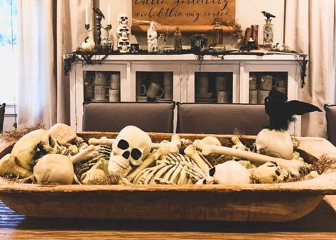 Halloween Dough Bowl Decor Ideas for a Haunted Home Halloween Dough Bowl Ideas, Halloween Dough Bowl, Halloween Dough Bowl Decor, Halloween Bowl Decor, Bread Bowl Halloween, Halloween Bread Bowl Decor, Hand Made Dough Bowls, Dough Bowl Centerpiece, Halloween Themes Decorations