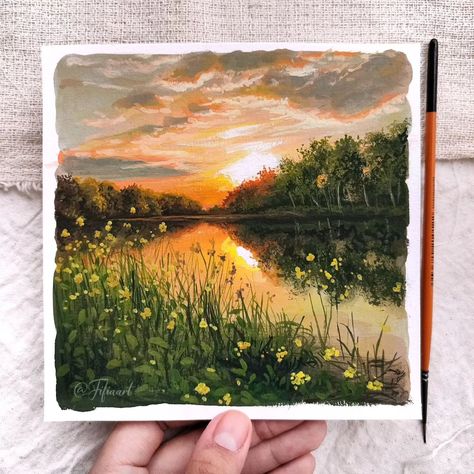 𝐅𝐢𝐟𝐢𝐚 𝐏. 𝐍𝐚𝐛𝐢𝐥𝐚 | Gouache Artist | Sunrise (3/4) #gouachepainting #gouache #sunrise #painting #watercolorpaper | Instagram Watercolor Scenery Painting, Sunrise Drawing, Paint Art Ideas, Polaroid Painting, Photo Paintings, Future Painting, Photography Scenery, Gouache And Watercolor, Art Vibe