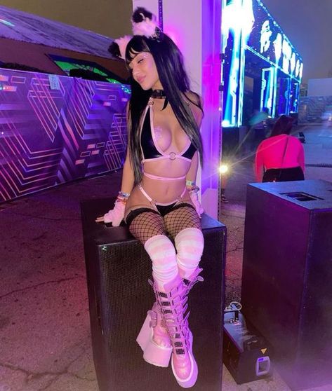 Pink Black Rave Outfit, Black Pink Rave Outfit, Layered Rave Outfits, Revealing Rave Outfits, Tech Rave Outfit, Rave Bunny Outfits, Valentines Rave Outfit, Rave Baddie Outfit, Rave Outfits Inspiration