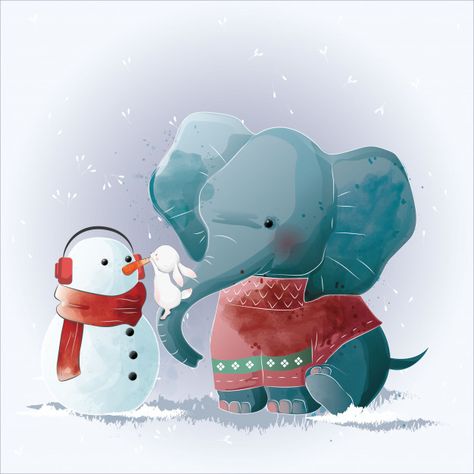 Elephant and bunny building a snowman | Premium Vector #Freepik #vector #background #pattern #watercolor #christmas Good Morning Funny Pictures, Christmas Elephant, Bunny Party, Penguin Love, Christmas Unicorn, Cute Piggies, Christmas Balloons