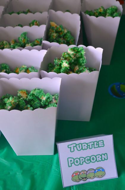 Ninja Turtle Popcorn Recipe, easy popcorn recipe, ninja turtle party ideas, TMNT party, Teenage Mutant Ninja Turtle birthday party, Turtle Popcorn, Tmnt Birthday Party Ideas, Ninja Turtle Birthday Party, Turtle Cakes, Turtle Birthday Party, Turtle Recipe, Mutant Ninja Turtles Party, Easy Popcorn, Turtle Birthday Parties