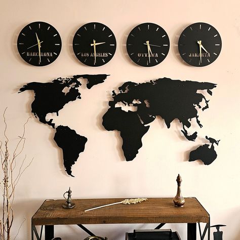 World Map Wall Decor, Office Wall Design, World Map Decor, World Clock, World Map Art, Map Wall Decor, Clock Wall Art, World Map Wall Art, Map Decor