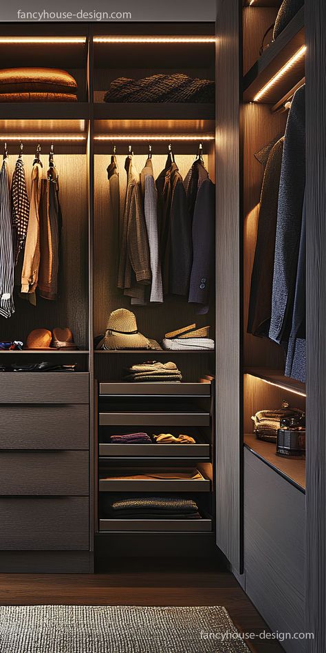 The sleek, custom-made drawers and hanging spaces in the walk-in wardrobe ensure every item is stored beautifully and efficiently, creating a clutter-free zone. Fancy House Design, Dream House Closet, Dresser Island, Space Optimization, House Closet, Trim Carpentry, Closet Colors, Luxury Closets Design, Modern Closet