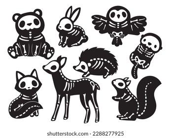 Set of skeleton of forest animals. Collection of creepy skeletons pet bear, rabbit, owl, etc. Halloween. Scary animals. Vector illustration isolated on white background. Skeleton Animals Tattoo, Bat Skeleton Anatomy, Tattoo Ideas On White Background, Dinosaur Skeleton Drawing, Cute Animals Tattoos, Animal Skeleton Drawing, Animal Skeleton Art, Cute Skeleton Drawing, Panda Skeleton