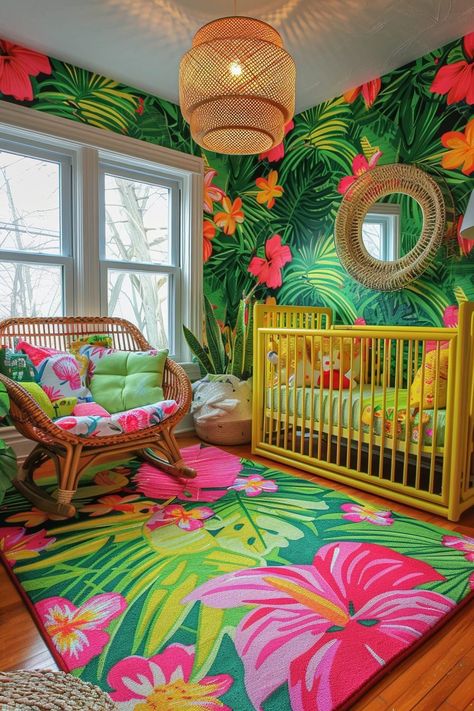 29 Coastal Nursery Ideas to Transform Your Baby's Room Coastal Nursery Ideas, Tropical Baby Nursery, Coastal Nursery, Tropical Motifs, Bright Furniture, Tropical Nursery, Tropical Girl, Girls Room Ideas, Feature Wallpaper