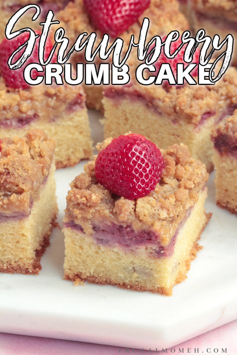 Strawberry Crumb Cake Strawberry Crumb Muffins, Strawberry Crumb Cake Recipe, Strawberry Crumb Cake, Cream Filled Coffee Crumb Cake, Strawberry Crumb Bars, Strawberry Rhubarb Pie Crumb Topping, How To Store Strawberries, Coconut Poke Cakes, Butter Pecan Cake