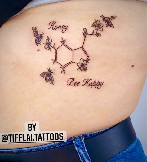 Honey Bee Neck Tattoo, Bee And Honeycomb Tattoo Design, Honeycomb Serotonin Tattoo, Bee Yourself Tattoo, Geometric Honey Bee Tattoo, Serotonin Molecule Tattoo Bee, Seratonin Bee Tattoo, Bee Happy Tattoo, Bee Arm Tattoo