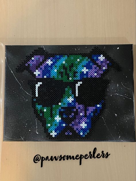 Galaxy colored pitbull on spray painted canvas. Light blue beads glow in the dark. Head design not created by me #pitbull #pitbullperler #pitbullart #pawsomeperlers #perler #perlerbeads Pitbull Perler Bead Patterns, Perler Pattern, Pony Bead Projects, Beaded Pillow, Perler Ideas, Easy Perler Beads Ideas, Perler Art, Hama Beads Design, Diy Perler Bead Crafts