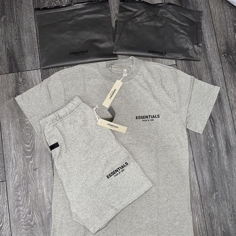 Essentials FOG Short Set SS22 - Grey ☑️ Short and T... - Depop Grey Essentials Shirt Outfit, Essentials T Shirts Men, Essentials Shorts, Essential Fog, Fog Essentials Hoodie, Essential Cotton T-shirt For Streetwear, Grey Shorts, Short Sets, Sport Outfits