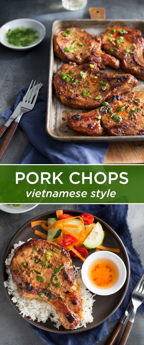 Vietnamese pork chops on a baking sheet with a side of scallion oil. Pork Chop Vietnamese Recipes, Vietnamese Pork Chop Recipes, Korean Pork Chop Recipes, Hoisin Pork Chops, Pork Chop Asian Recipes, Asian Pork Chops Recipes, Vietnamese Pork Chops Marinade, Asian Style Pork Chops, Filipino Pork Chop