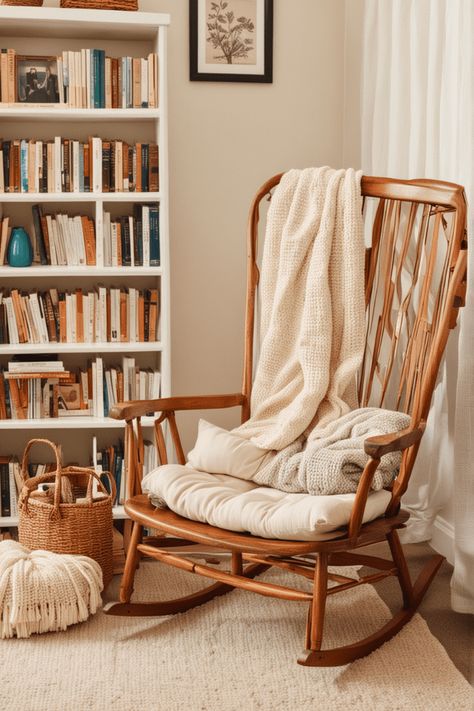 25 Vintage Living Room Ideas for 2024 – The Crafty Hacks Accent Rocking Chairs For Living Room, Vintage Rocking Chair Living Room, Wooden Rocking Chairs In Living Room, Rocking Chair Aesthetic, Rocking Chair In Living Room, Rattan Chair Living Room, Wicker Living Room, Living Room Rocking Chair, Rocking Chair Living Room