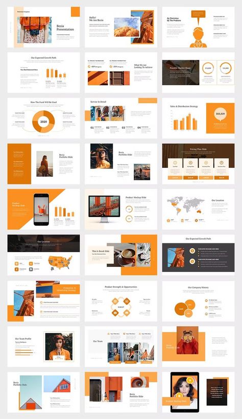 Orange Color Tone Pitch Deck Powerpoint Template. 50 unique and editable presentation slides design. Orange Presentation, Startup Presentation, Ppt Ideas, Branding Design Ideas, Ppt Template Design, Deck Layout, Presentation Slides Design, Presentation Deck, Presentation Design Layout