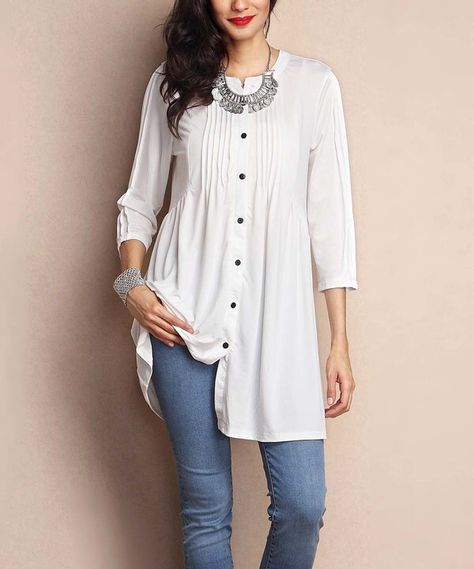 Look at this White Button-Front Tunic on #zulily today! White Short Top For Jeans, White Short Kurti With Jeans, White Short Kurti Designs, White Kurti With Jeans, White Kurti Outfit Jeans, Tunics For Women Indian With Jeans, White Kurti Designs With Jeans, White Western Outfit, Tunic Tops With Jeans