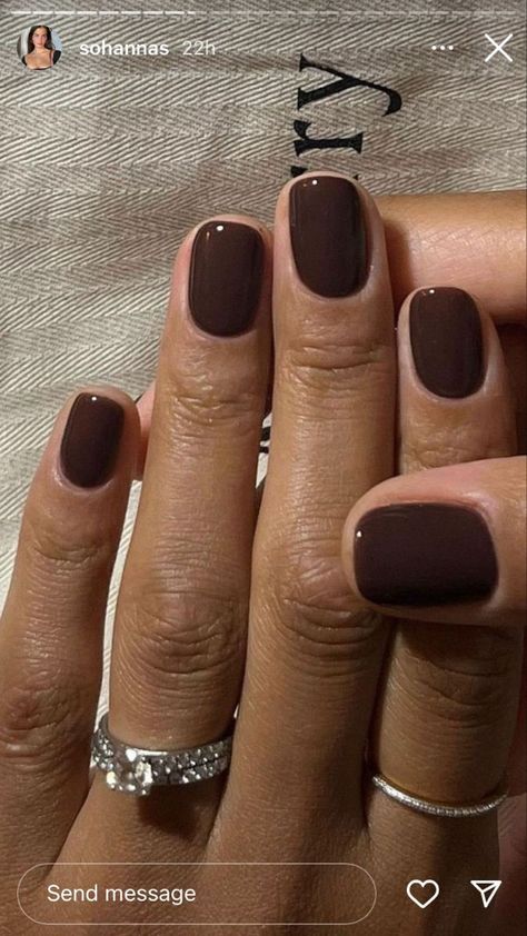 Gel Nails Chocolate Brown, Short Acrylic Round Nails, Subtle Short Nails, Dark Short Square Nails, Short Square Dark Nails, Healthy Short Nails, Short Dark Fall Nails, Winter Nails Pale Skin, Brown Nail Inspo Short