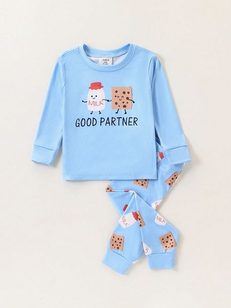 2pcs Baby Boy Snug Fit Cartoon Milk Biscuit Pattern Long Sleeve Top And Pants Cozy Soft Knit Pajama Sets Baby Blue     Animal,Cartoon,Letter Baby Pajama Set High Stretch  Baby Boys Clothing, size features are:Bust: ,Length: ,Sleeve Length: Pajamas For Boys, Boy Pajamas, Baby Boy Pajamas, Animal Cartoon, Couple Matching, Boys Pajamas, Elegant Dresses Long, Loungewear Set, Boys Casual