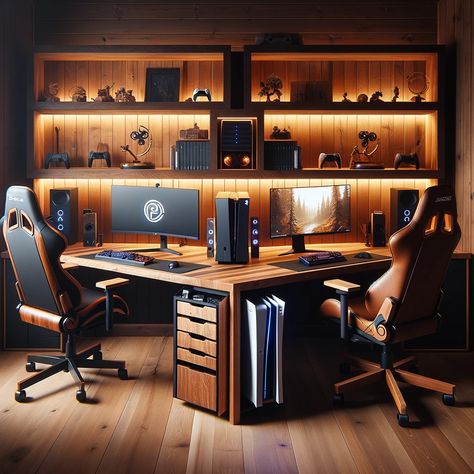 #gameroom #gamingcave #gamedesign #gamerlife #gamingsetup #homedecor #interiordesign #gamingideas #gamerroom #manCave Gaming Room Setup For Two, Software Engineer Office, Dark Office Ideas, Tech Office Design, Gaming Room Setup Ideas, His And Hers Office, Color In Interior Design, Workstation Design, Coffee Office