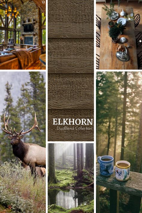 Choosing a siding color for your homes exterior is a big decision. Are you searching for just the right brown colored siding?  Elkhorn, part of the DuoBlend Collection from Diamond Kote Building Products, can give your home a natural rustic look without the maintenance of traditional cedar siding. Built on LP SmartSide, our advanced paint technology provides lasting durability and is backed by a 30-Year No Fade Warranty.  #sidingpaintcolor #siding Exterior House Cedar Accents, Elkhorn Diamond Kote Siding, Diamond Kote Elkhorn Siding, Cabin Siding Exterior, Diamond Kote Siding Colors, Lp Siding Color Combinations, Lp Smart Siding Exterior Colors, Lp Smart Side Exterior Colors, Exterior Wood Siding Colors