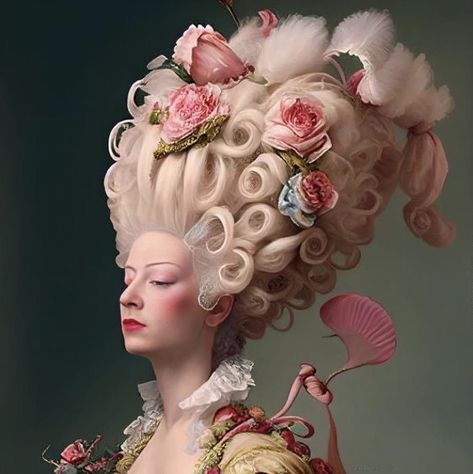 Rococo Hair, Marie Antoinette Hairstyle, 1660s Fashion, Dark Cottagecore Decor, Rococo Art, High Hair, 18th Century Costume, Fantasy Dresses, Fantasy Portraits