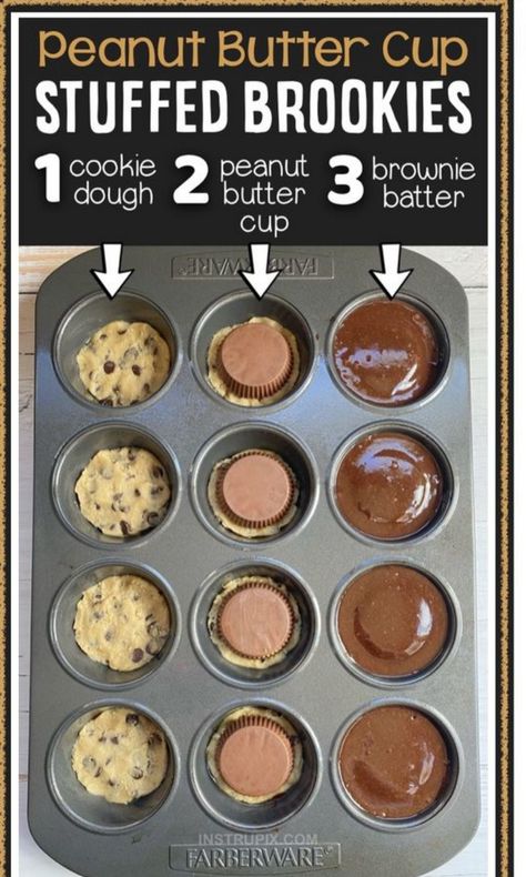 Serves 12 · This quick and easy chocolate dessert is made with just 3 store-bought ingredients plus the egg and oil you need for the brownie batter, and they're incredibly fun and simple to make in a muffin tin! This is seriously the BEST dessert recipe I've ever made. They remind me of a fancy lava cake or mini pizookie served warm with ice cream. It's basically the marriage of a cookie, brownie and Reese's peanut butter cup. How can you go wrong with that? Peanut Butter Cup Stuffed Brookie, Brownies With Cookie Dough And Reeses, Reese’s Stuffed Brownie Cups, Reeses Stuffed Brownie Cups, Brownie With Reese Peanut Butter Cups, Cookie Dough Reeses Cup Brownie, Peanut Butter Cup Stuffed Brookies, Reese’s Brownie Cups, Peanut Butter Cup Brookies Recipe