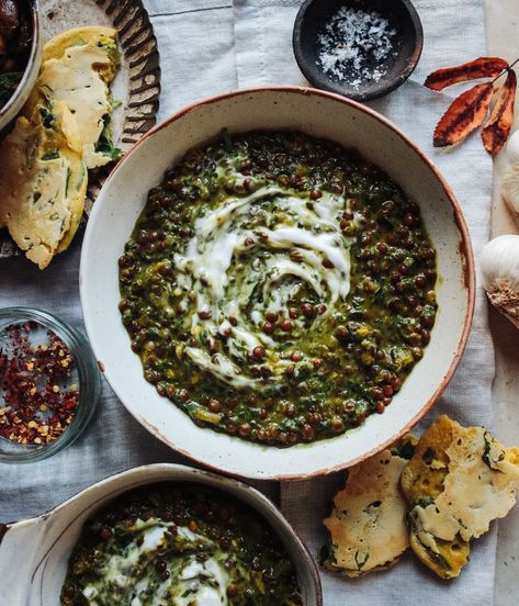 Green Lentil Curry, Cupboard Recipes, Green Lentil Recipes, Spinach Lentil, Lentil Spinach, Seasonal Vegan Recipes, Spinach Dal, Green Lentil, Create A Cookbook