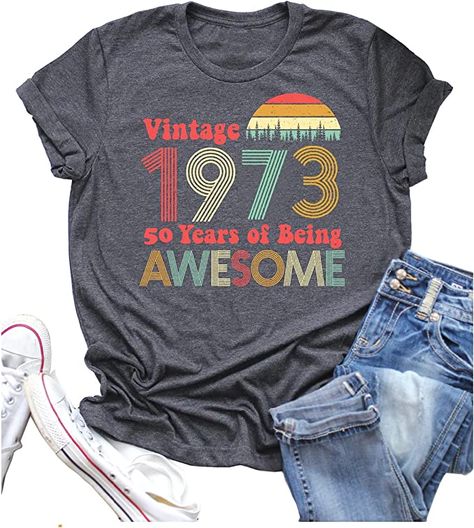 1973 Vintage Shirt for Women 50th Birthday Gifts 1973 Birthday Gifts Idea Retro Short Sleevel T Shirts Party Tops Funny Tees (as1, Alpha, x_l, Regular, Regular, 1973-Dark Grey, X- Large) at Amazon Women’s Clothing store 1973 Birthday, 50th Birthday Gifts For Woman, 50th Birthday Funny, Retro Shorts, Birthday Tshirts, 50th Birthday Gifts, 40th Birthday Gifts, Top Funny, Party Tops