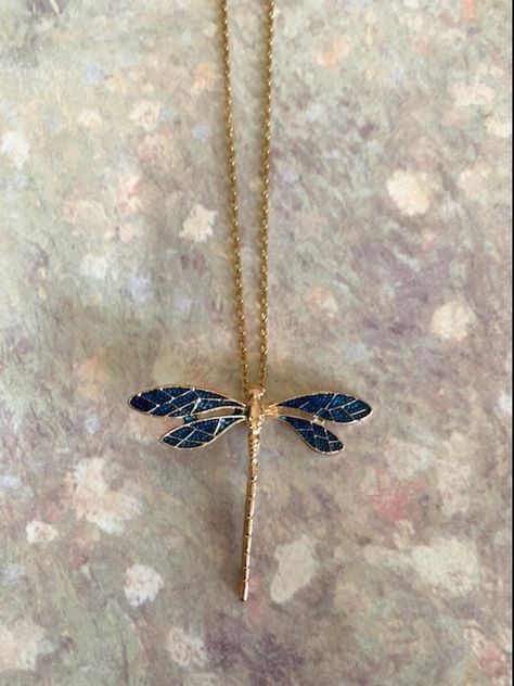 "Lovely and nicely detailed blue and gold tone large dragonfly necklace. Dragonfly is 1 3/8\" L X 1 5/8\" W and is on an 18\" chain. ★ Want to see more? Please visit my shop at: https://www.etsy.com/shop/DesignsByPeg" Dragonfly Accessories, Dragonfly Jewellery, Necklaces Aesthetic, Dragonfly Gifts, Blue Dragonfly, Dragonfly Jewelry, Saint Marys, Dragonfly Necklace, Dragon Fly