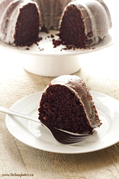 Glazed Chocolate Donut Bundt Cake www.thebusybaker.ca                                                                                                                                                                                 More Chocolate Cake With Glaze, Donut Bundt Cake, Dessert Corner, Chocolate Greek Yogurt, Easy Bundt Cake, Food Deserts, Savory Cakes, Easy Donuts, Buckwheat Cake