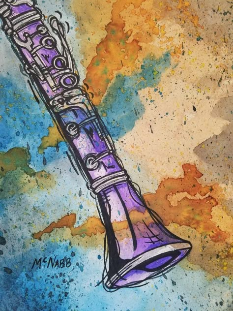 Abstract Clarinet in watercolor. Painting by McNabb. Colorful and whimsical painting. Watercolor Art Music, Music Inspired Art Abstract Paintings, Clarinet Painting, Clarinet Art, Clarinet Drawing, Music Watercolor Painting, Clarinet Aesthetic, Clarinet Music, Instruments Art